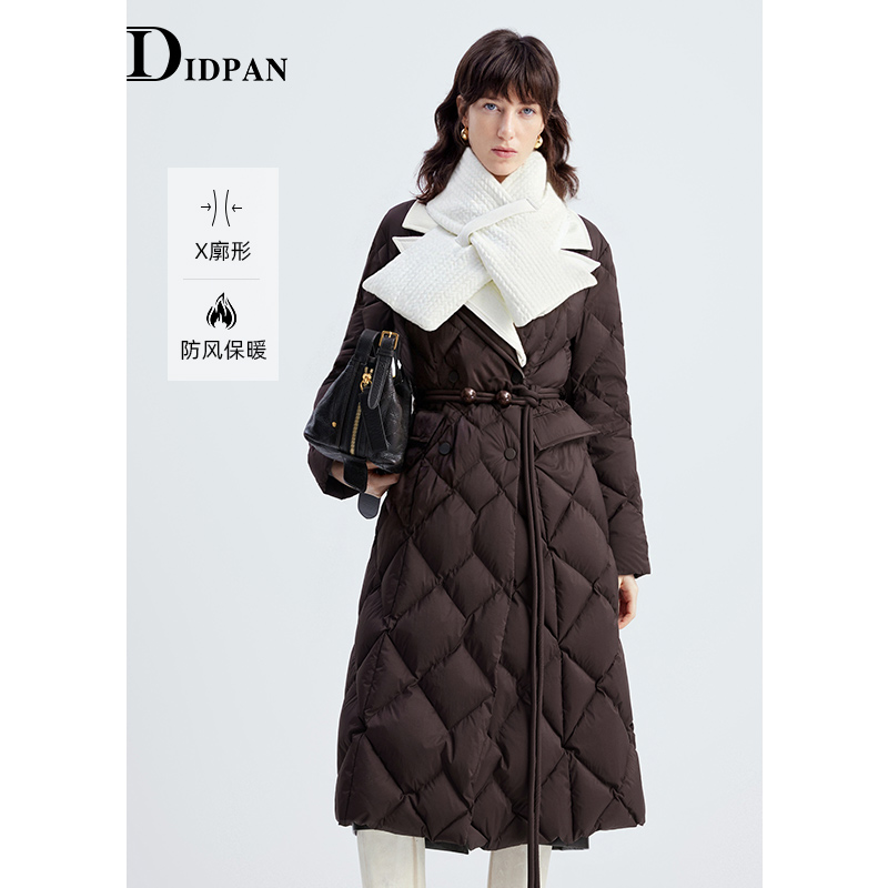 IDPAN时尚撞色长款羽绒服菱格纹保暖挡风收腰外套2025冬季新款