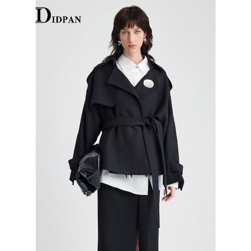 IDPAN羊毛外套冬季新款时尚干练通勤风衣式设计黑色百搭外套