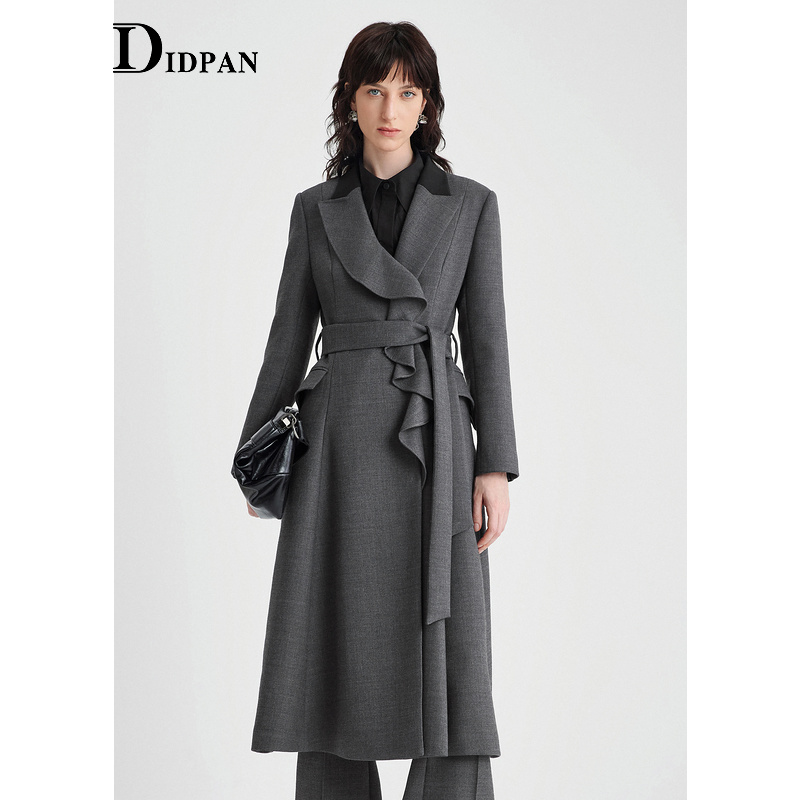 IDPAN女装羊毛外套冬季新款高级感通勤设计感荷叶边长款大衣