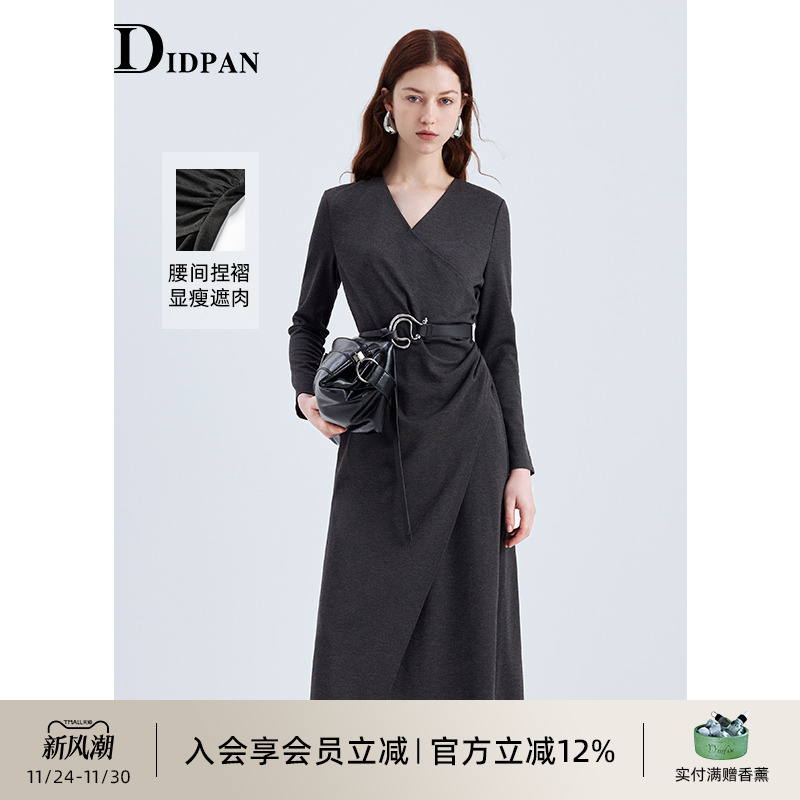 IDPAN长袖连衣裙女2025新款高档轻奢高级感显瘦收腰裙子