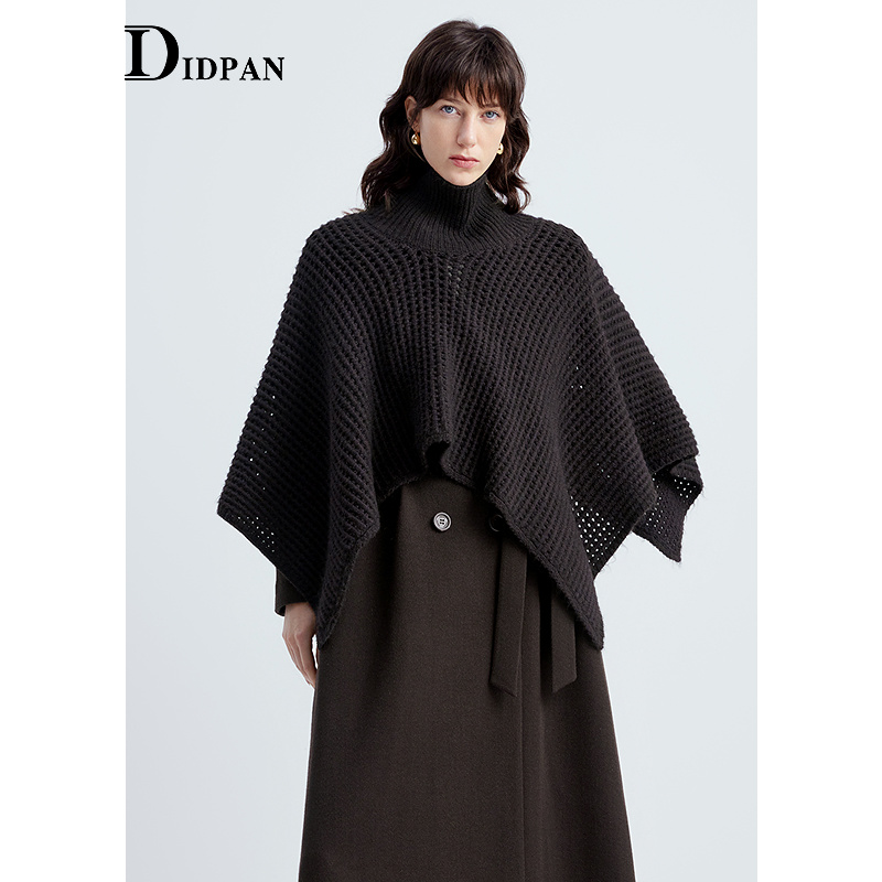 IDPAN氛围感高领披肩斗篷不规则宽松镂空针织毛衫2025冬季新款