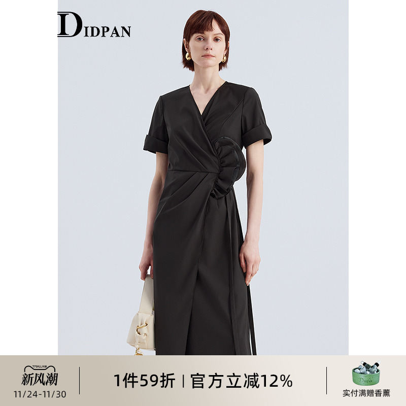 IDPAN连衣裙女短袖2025夏新款v领收腰显瘦浪漫花边设计感长裙