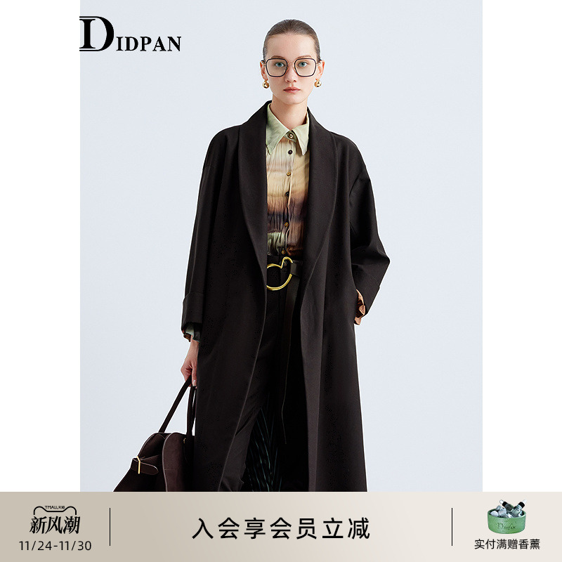 IDPAN都市慵懒风大衣复古青果领通勤宽松长款外套2025秋季新款