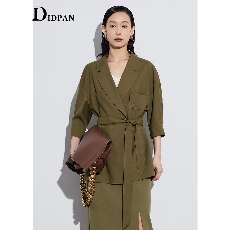 IDPAN通勤七分袖系带中长外套