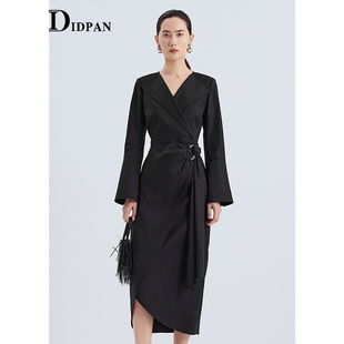 IDPAN围裹式 收腰显瘦通勤高级感裙子 不规则连衣裙长裙2025秋新款