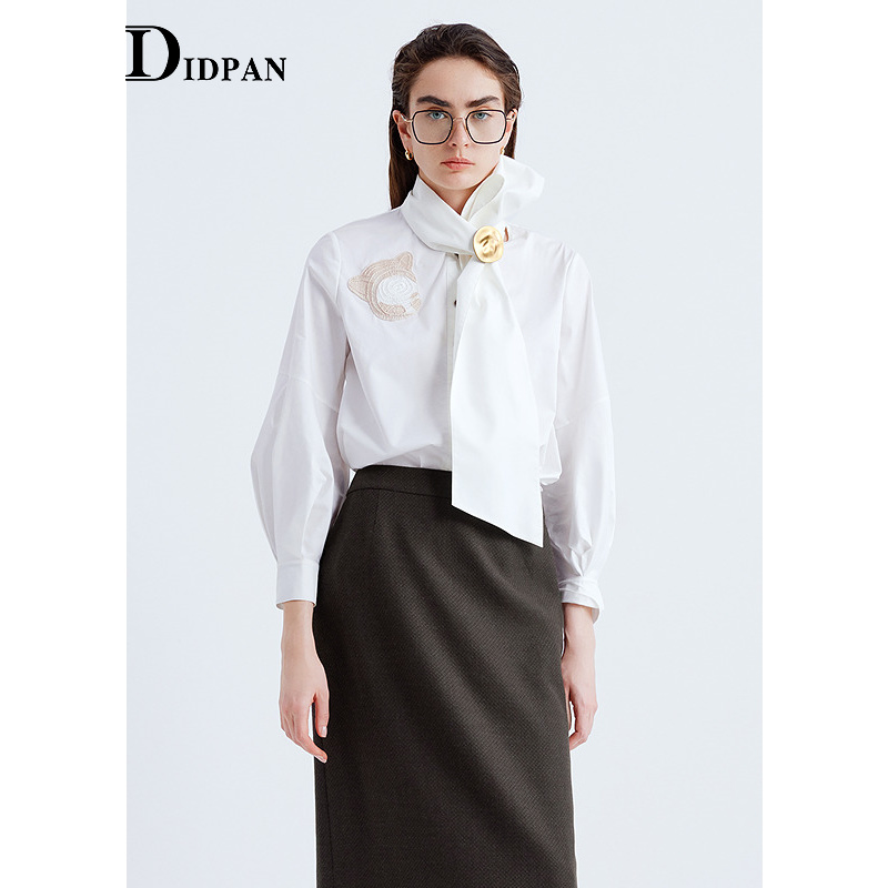 IDPAN白色围巾领系带衬衫高智感通勤上衣气场廓形衬衣2025秋新款