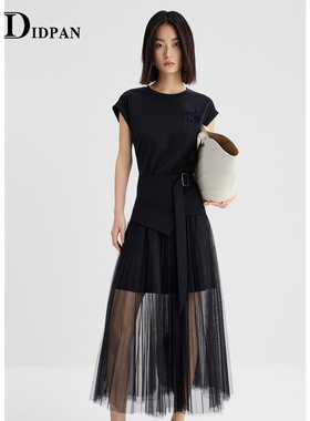 IDPAN气质连衣裙夏季新款时尚百搭高级感通勤网纱拼接裙子女