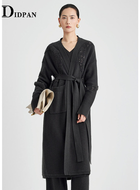 IDPAN羊毛肌理感针织开衫冬新款时尚通勤气质百搭长款毛衫外套女