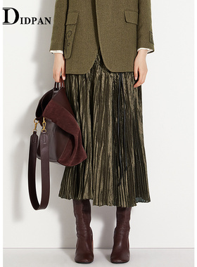 IDPAN百褶肌理感半裙新款压皱丝锻感摩登复古气质长裙绿色长裙女