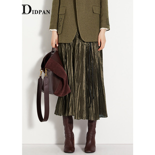 IDPAN百褶肌理感半裙新款 压皱丝锻感摩登复古气质长裙绿色长裙女