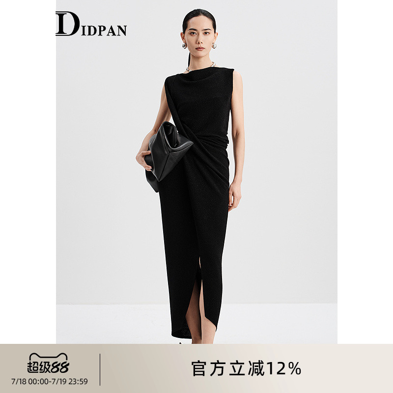 IDPAN黑色晚礼服女2025新款高级感正式场合显瘦优雅斜肩连衣裙