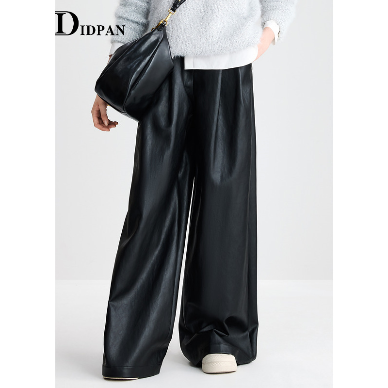 IDPAN女装PU蛋白皮阔腿长裤冬季新款气质高级感休闲皮裤