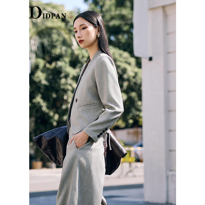 IDPAN无领西装短外套2025春新款商务通勤正式场合灰色西服女