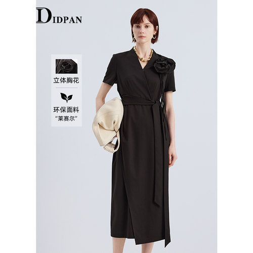 IDPAN短袖连衣裙女夏新款复古咖啡色修身显瘦v领优雅高智感长裙