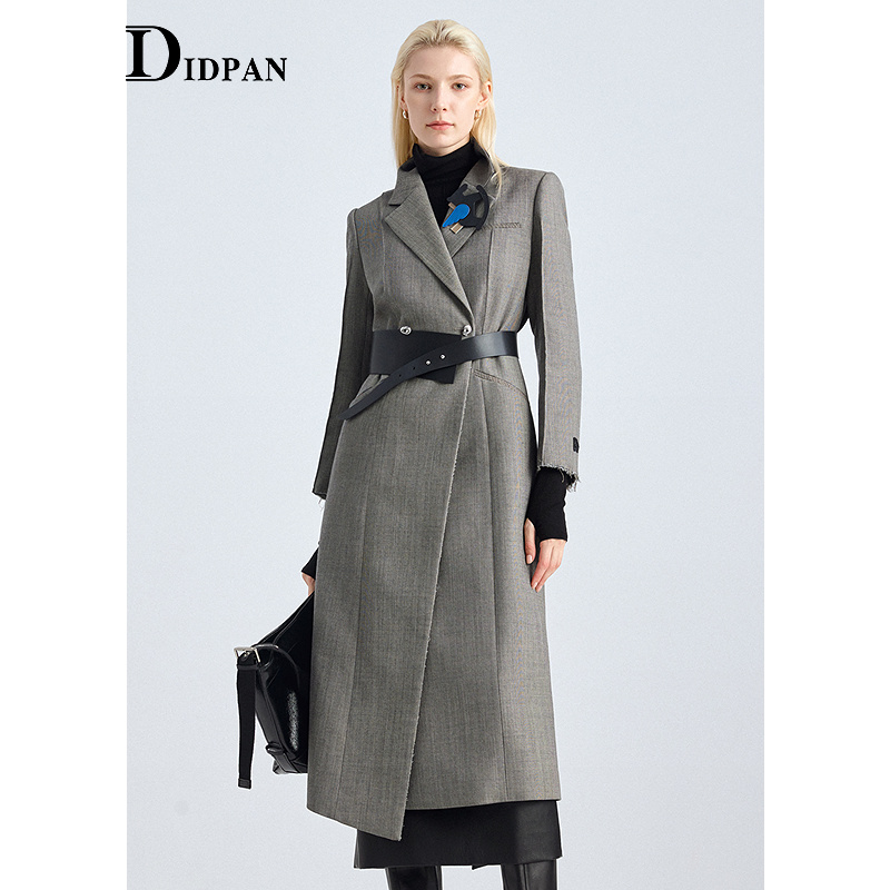 IDPAN高智灰老钱风通勤羊毛大衣做旧毛边元素长款外套25冬季新款