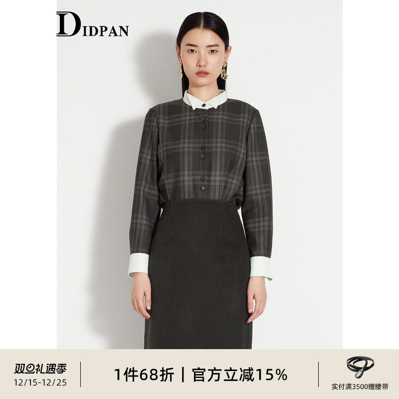 IDPAN长袖衬衫冬季新款时尚别致撞色折角领格纹印花女士衬衣