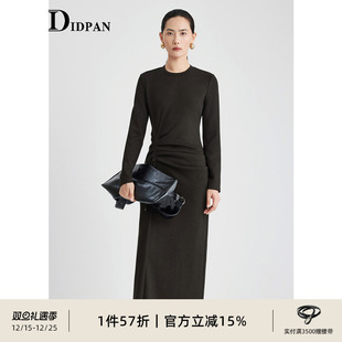 显瘦设计感气质长裙女 百搭修身 IDPAN圆领扭结连衣裙秋冬新款 时尚
