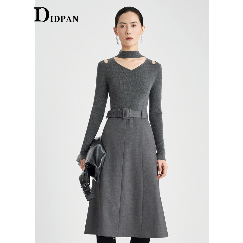 IDPAN时尚拼接连衣裙冬季新款气质通勤挂脖领设计感长袖裙子