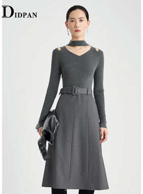 IDPAN时尚拼接连衣裙冬季新款气质通勤挂脖领设计感长袖裙子