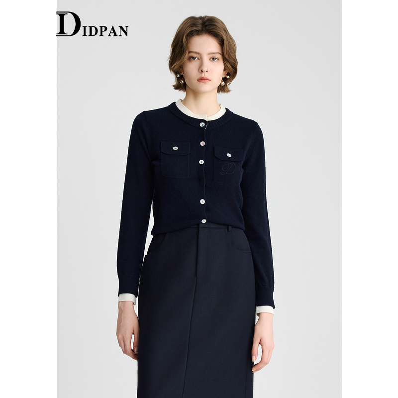 IDPAN羊毛衫春季新款时尚简约圆领精致通勤假两件针织开衫女