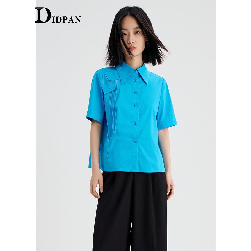 IDPAN可露丽短袖衬衫夏季新款设计感气质百搭蓝色衬衣女