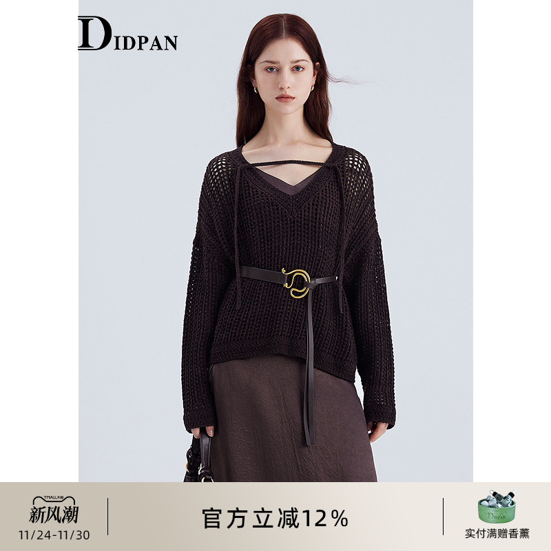 IDPAN长袖肌理感针织衫新款落肩宽松显瘦v领镂空编织毛衫女