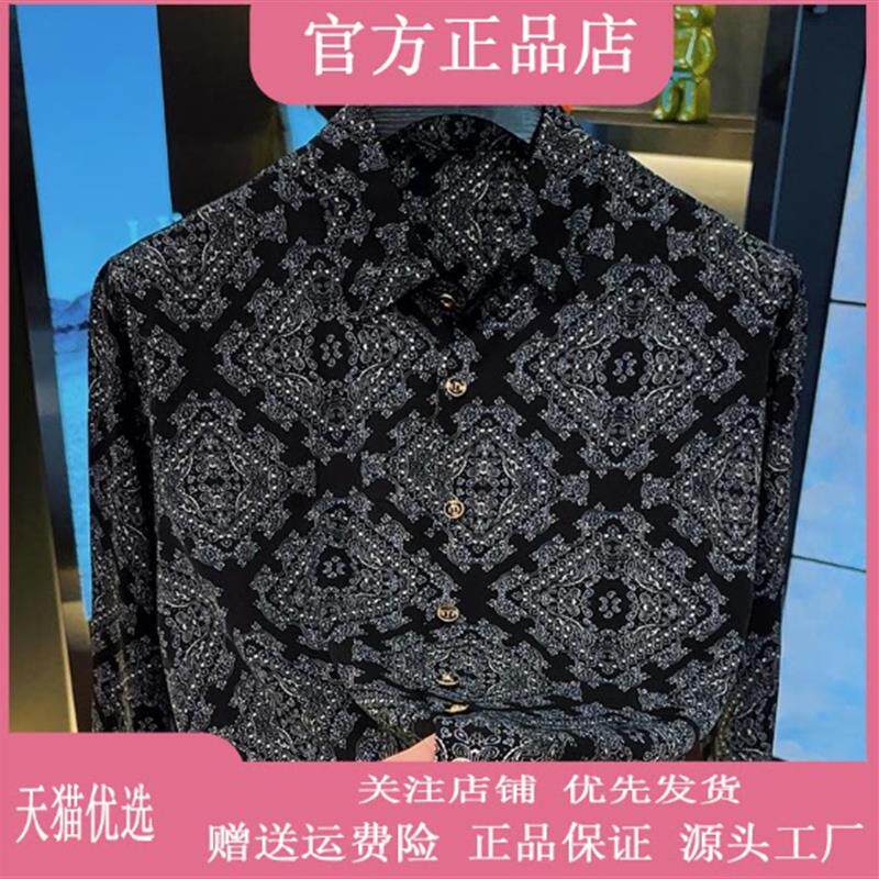 故渊男装服饰男士黑金玫瑰长袖翻领衬衫轻奢时尚潮流修身商务休闲
