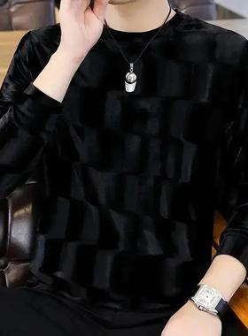 老男孩轻奢秋冬装男士金丝绒卫衣长袖水波M纹打底衫圆领恤宽松休