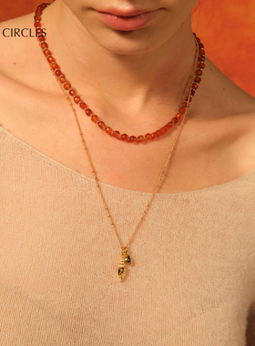 LAZY CIRCLES小方糖串珠锁骨链红玛瑙碧玺项链女朋友礼物配饰