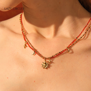 LAZY CIRCLES暖日流光项链红玛瑙串珠星星月亮吊坠锁骨链新年礼物