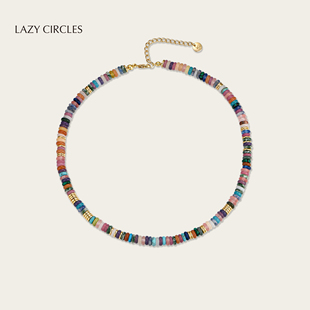 LAZY CIRCLES原创设计彩色飞盘项链女天然石串珠多巴胺锁骨链日常