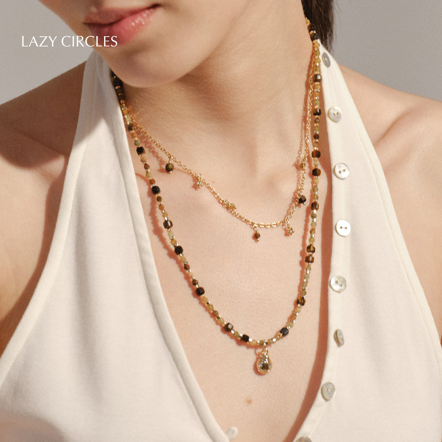 LAZY CIRCLES绿野仙踪瓢虫双层项链女彩色串珠流苏吊坠链条锁骨链