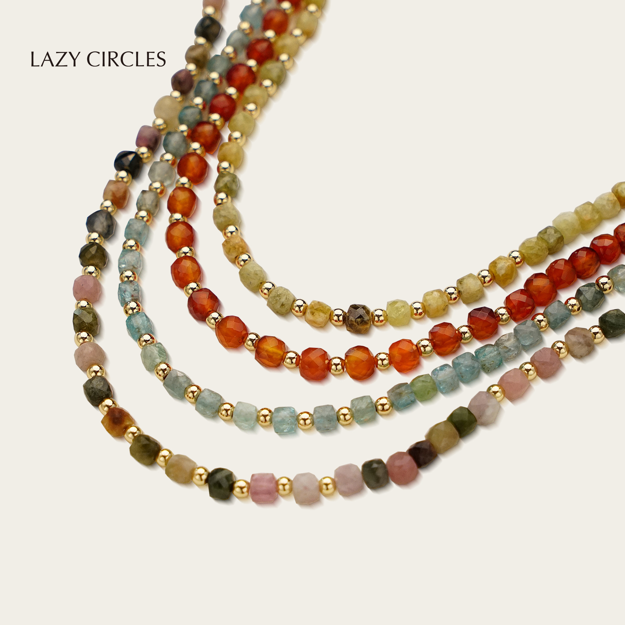LAZY CIRCLES小方糖串珠锁骨链红玛瑙碧玺项链女精致彩石锁骨链