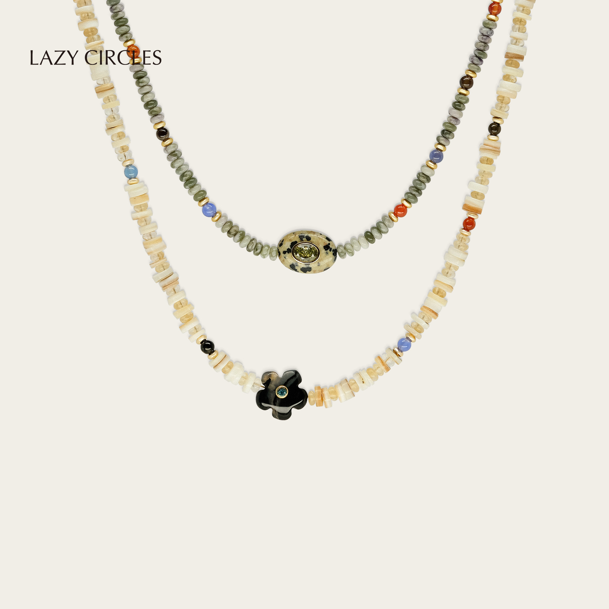 LAZY CIRCLES贝壳黑玛瑙小花项链女吉祥玉黑斑石锁骨链情人节礼物
