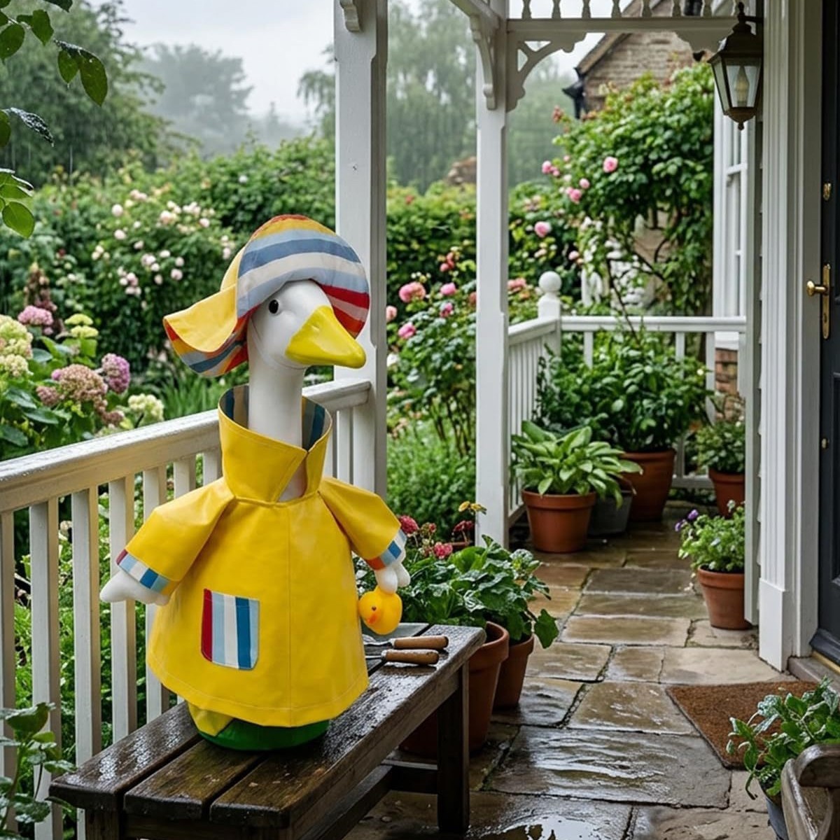 雨衣门廊鹅套装带有个性化姓名牌雨伞和帽子鹅雕像草坪花园鹅服装