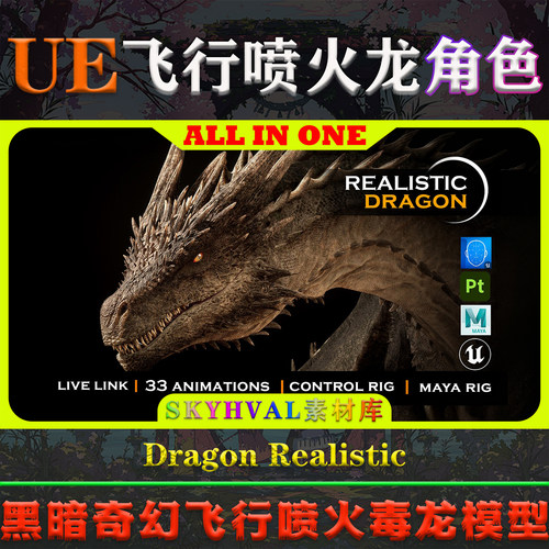 UE5虚幻5角色 Dragon Realistic 黑暗奇幻飞行喷火毒龙动画模型