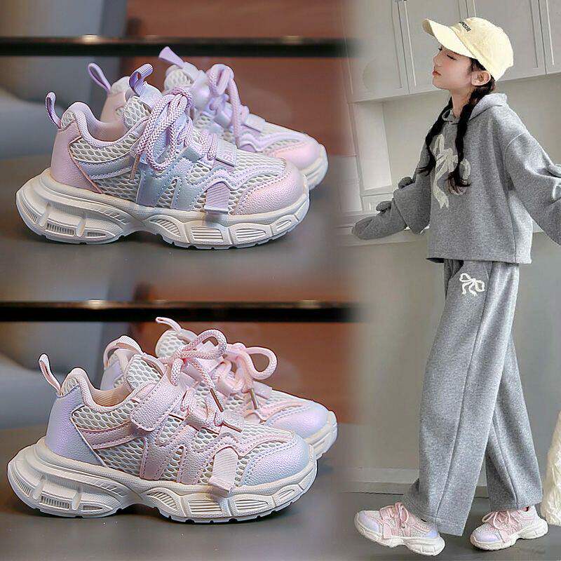 女童鞋子2026春秋新款网面透气软底儿童运动跑步鞋轻便女孩老爹鞋