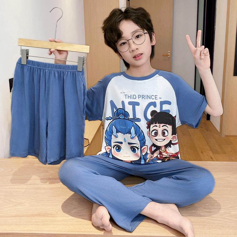 儿童睡衣男孩2025新款夏季莫代尔超薄款三件套男童夏款大童家居服