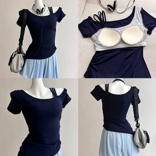 祖儿兔兔· 斜肩领短袖蓝藏青瑜伽服套装2606D22