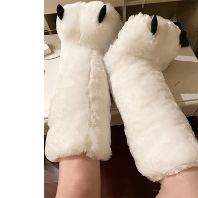 女冬包熊靴子棉鞋地板白色超高居家帮靴保暖跟爪子可爱呼呼毛绒奶