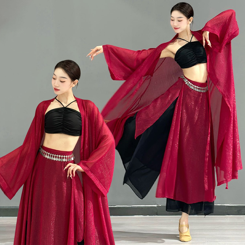 古典舞飘逸爵士舞蹈纱衣外披国风飘逸表演服古风吊带中国舞练功服