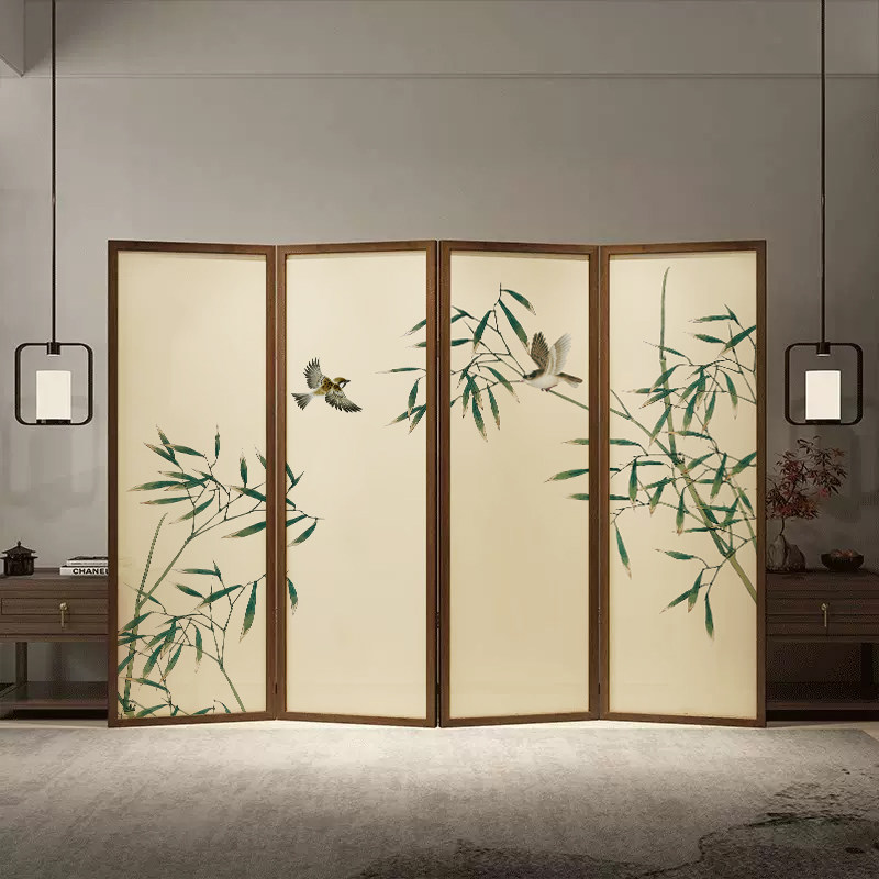 宋代美学新中式墨竹茶室实木屏风
