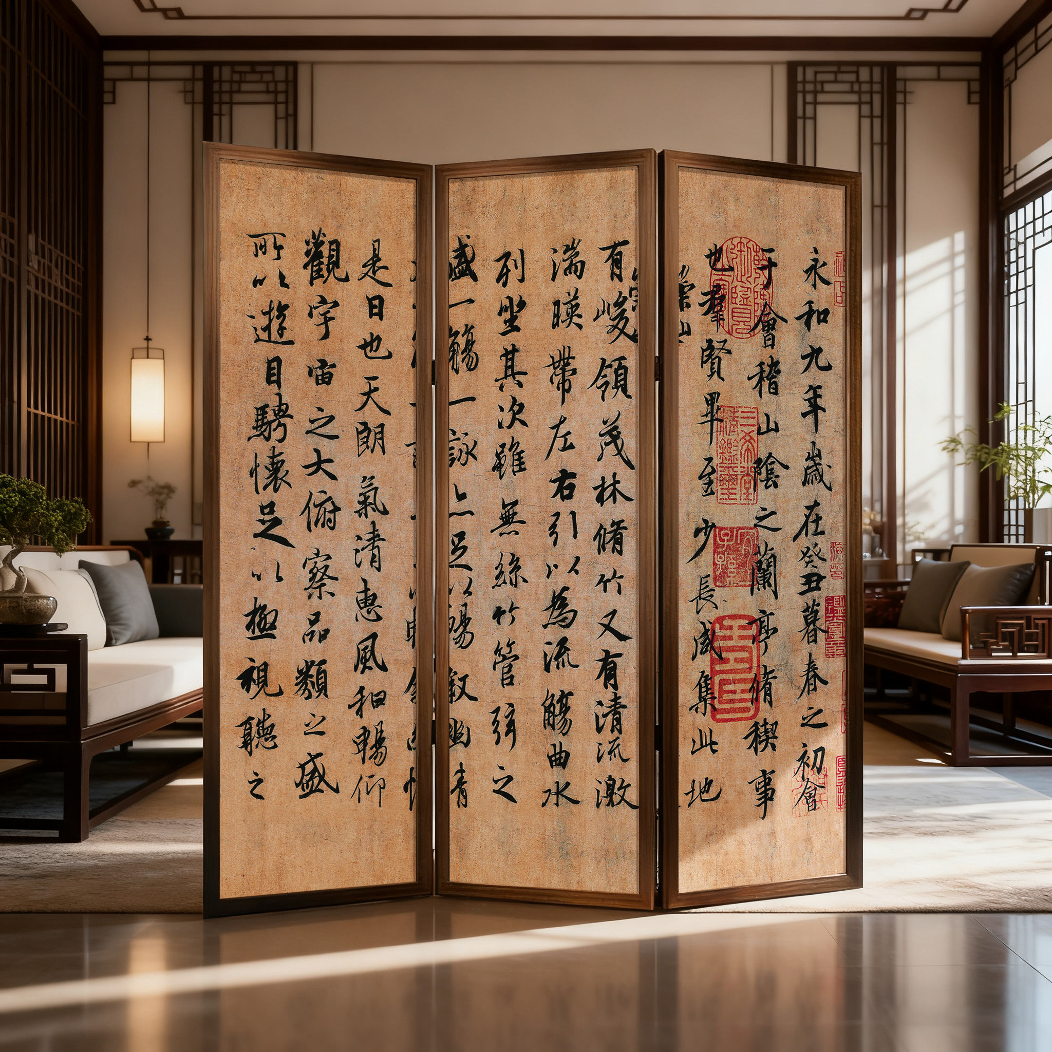 实木屏风隔断名家书法宋代美学家用玄关移动折叠折屏屏风酒店书房