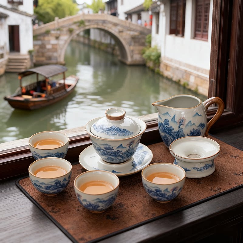 汝窑茶壶青花茶具套装