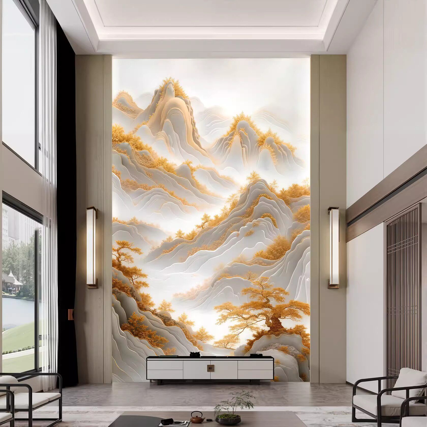 新中式别墅浮雕电视背景墙壁画定制立体山水壁布复式挑空客厅墙布