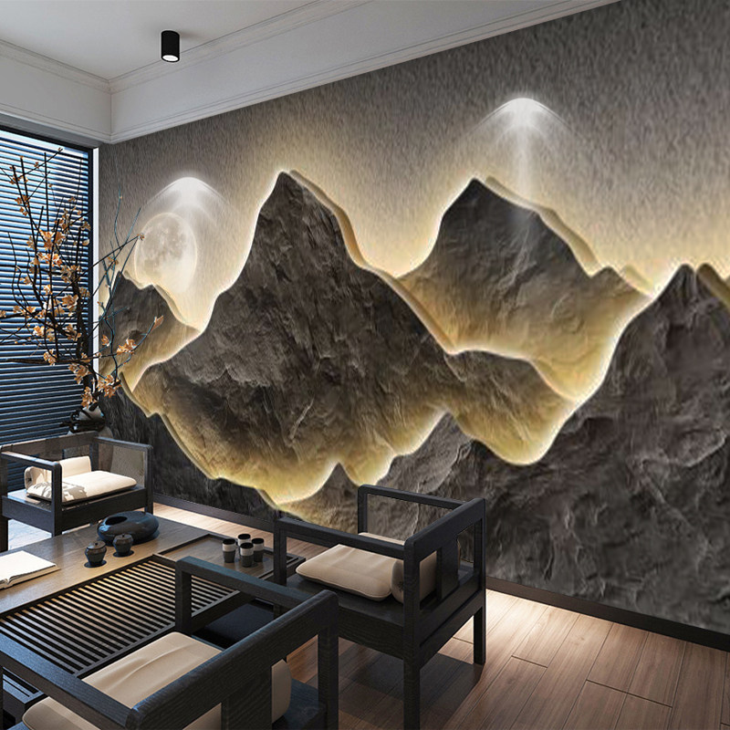 轻奢新中式8d茶厅茶室壁纸立体浮雕背有靠山大气无缝墙布壁画定制