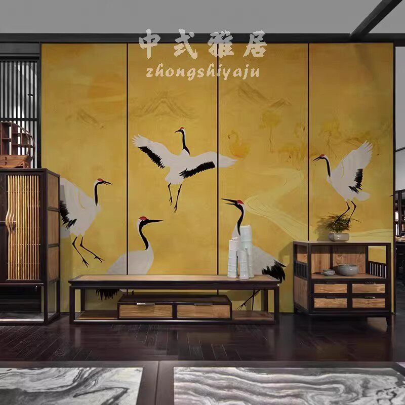定制新中式高级感仙鹤金箔壁纸墙纸墙布环保屏风餐厅电视背景墙布