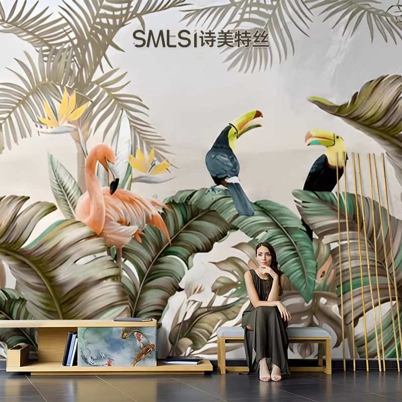 法式丛林鸟兽动物花卉墙布东南亚墙壁纸客厅沙发电视背景壁画定制,家装主材,定制壁画,淘宝优惠券,粉丝福利购,淘宝优惠卷