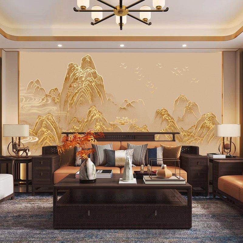 新款千里江山图壁纸新中式山水壁布轻奢鎏金墙布客厅电视背景墙纸,家装主材,定制壁画,淘宝优惠券,粉丝福利购,淘宝优惠卷