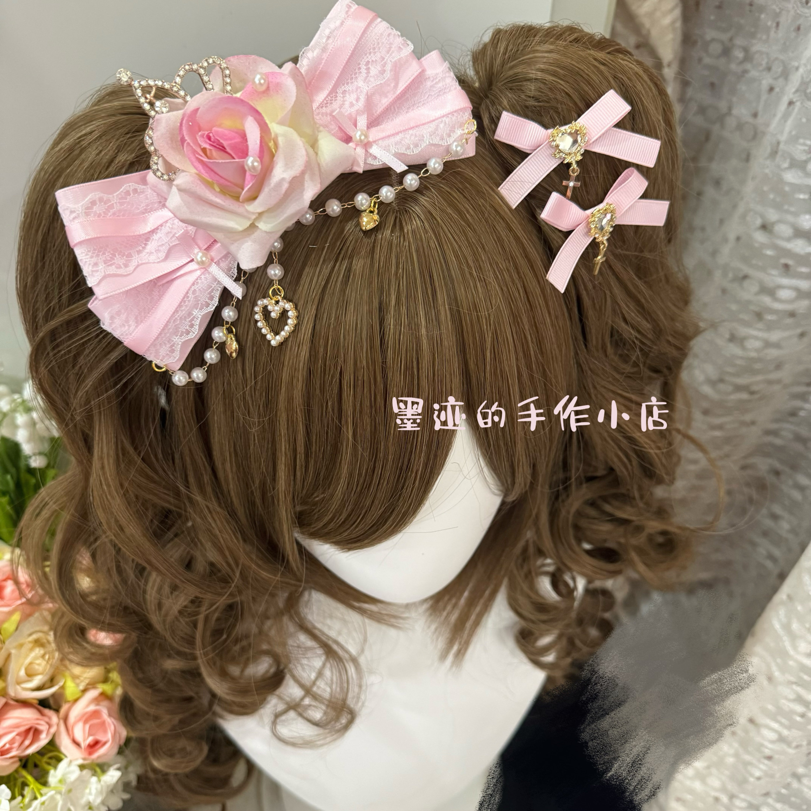 thumbnail for Ancient lizlisa floral Ji series rose ribbon lolita small thing headdress pale pink lace photo